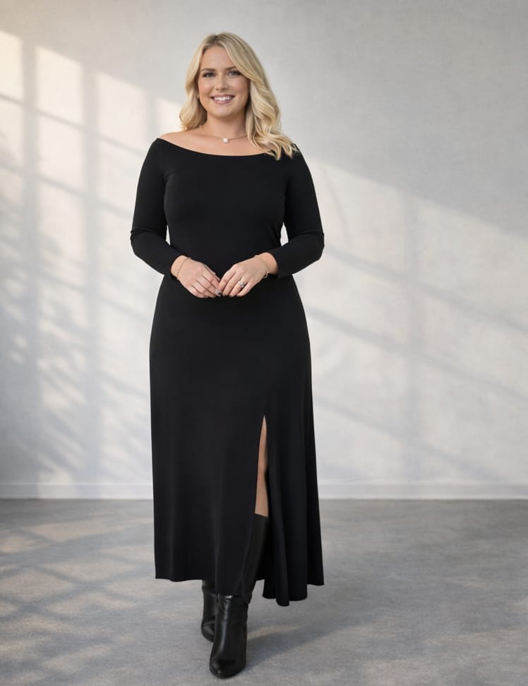 Madonna Yaka Yırtmaçlı Likralı Sandy Elbise Siyah