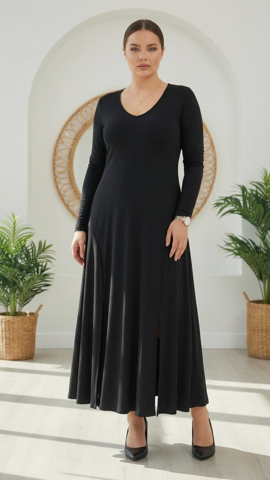 Alternative view of V Yaka Sandy Kumaş Liklalı Dökümlü Elbise Siyah