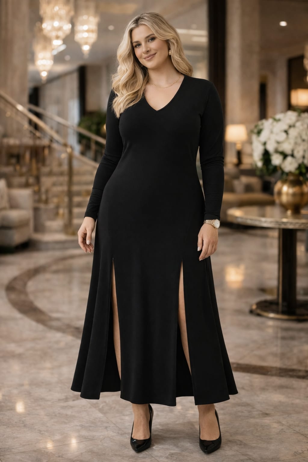 V Yaka Sandy Kumaş Liklalı Dökümlü Elbise Siyah